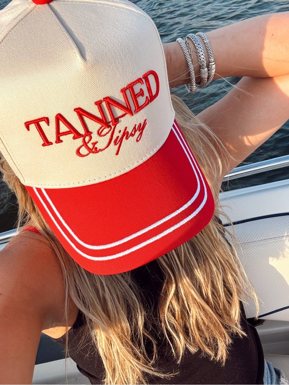 Tanned & Tipsy Red and White Trucker Hat